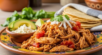 Plato de tinga de pollo con tomate, cebolla y cilantro, acompañado de un bol con aguacate en rebanadas y queso desmoronado, rodajas de limón y tortillas.