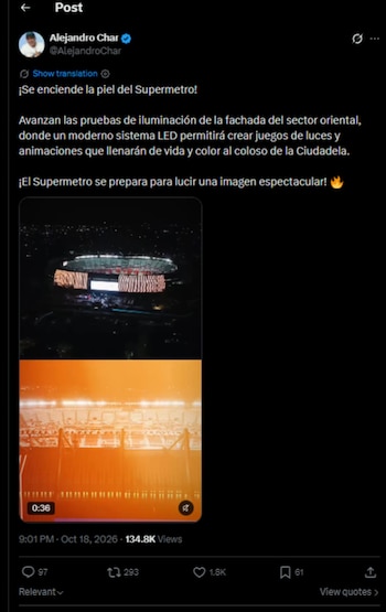 El máximo mandatario de Barranquilla dio a conocer la inauguración de las luminarias del estadio Metropolitano Roberto Meléndez-crédito @AlejandroChar/X