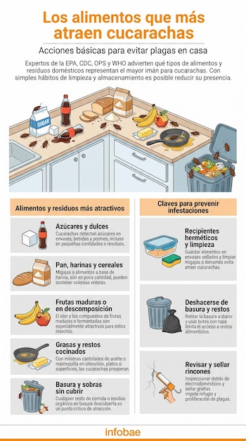 Infografía ilustra una cocina infestada de cucarachas alrededor de alimentos como azúcar, pan, frutas y un bote de basura, mostrando tipos de comida que atraen plagas.