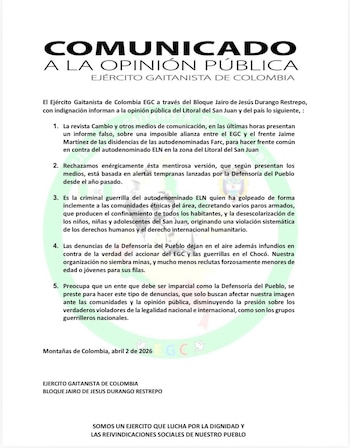 Comunicado del Ejército Gaitanista de Colombia en el que niega una alianza con disidencias de las Farc y cuestiona las alertas de la Defensoría del Pueblo- crédito Clan del Golfo