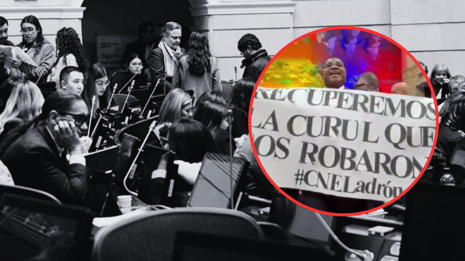 Óscar Benavides llamó “ladrón” al CNE durante la instalación del Congreso: esta fue la pancarta que exhibió
