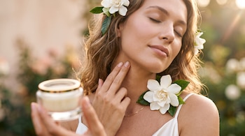 Mujer con los ojos cerrados aplicando un producto en el cuello, gardenias blancas en el cabello y un frasco transparente en primer plano.