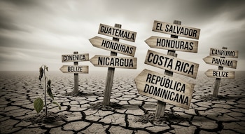 Postes indicadores de madera con nombres de países y regiones sobre suelo agrietado y una planta marchita en primer plano.