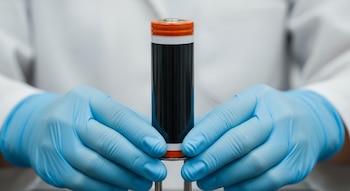 Primer plano de dos manos enguantadas de azul que sostienen una batería cilíndrica negra con detalles naranjas en la parte superior, sobre un fondo blanco difuminado.