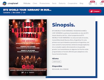 Página web de Cineplanet con el cartel promocional de BTS y un texto descriptivo del evento junto a un botón de compra
