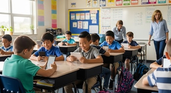 Niños en un aula escolar usando teléfonos móviles y tabletas en sus pupitres, con dos maestras de pie al fondo de la clase.