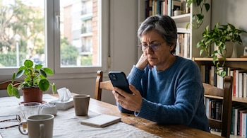 Una mujer con gafas y suéter azul observa un teléfono móvil sentada junto a una mesa con plantas y tazas.