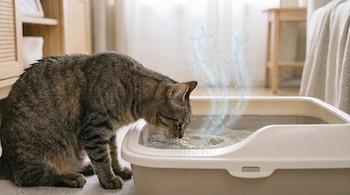 Un gato atigrado de pelo corto olfatea la arena en un arenero de color beige, sobre una mancha húmeda flotan estructuras químicas azules translúcidas.