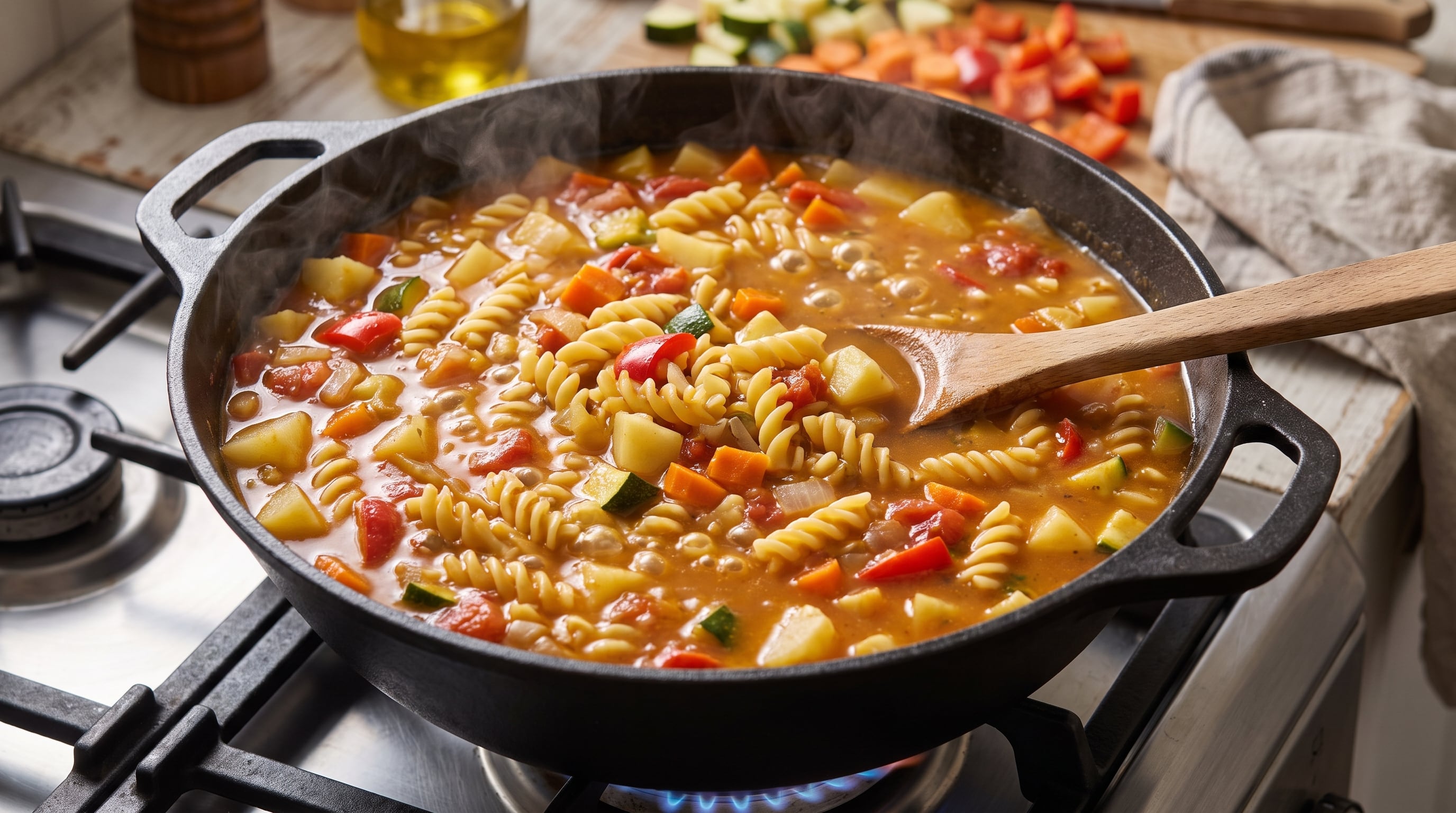 El guiso combina fideos secos, verduras y caldo en una preparación de olla única (Imagen Ilustrativa Infobae)