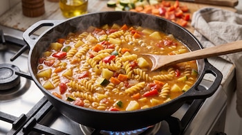 Olla de hierro en una hornalla encendida con guiso de fideos espirales, trozos de verdura, caldo y una cuchara de madera.