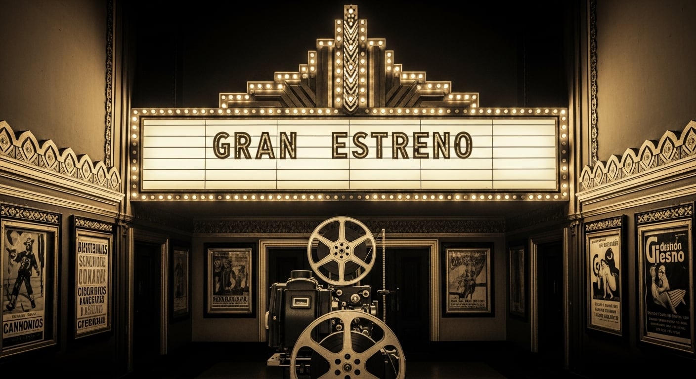 Un proyector de rollo antiguo se ubica frente a la marquesina iluminada de una sala de cine mexicana de los años treinta. (Imagen Ilustrativa Infobae)