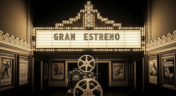 Antigua sala de cine mexicana con proyector de rollo, marquesina iluminada que dice 'Gran Estreno' y carteles en paredes decoradas con motivos dorados.
