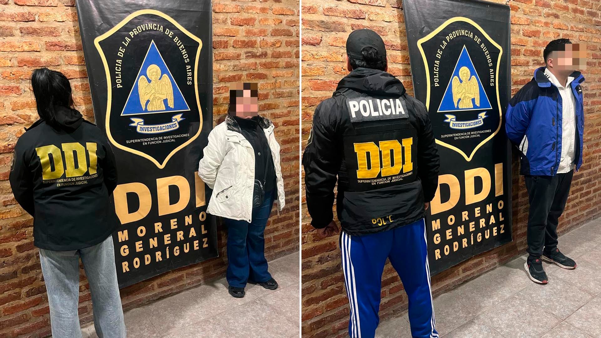Efectivos de la Policía de la Provincia de Buenos Aires custodian a dos personas detenidas por el asalto a un repartidor en el partido de Moreno.