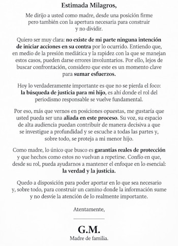 Un comunicado impreso sobre fondo blanco dirigido a Milagros y firmado por las iniciales G.M. como madre de familia