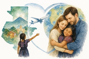 Ilustración en acuarela con el mapa de Guatemala, una niña, un avión en vuelo, un globo terráqueo y una pareja que abraza a la niña.