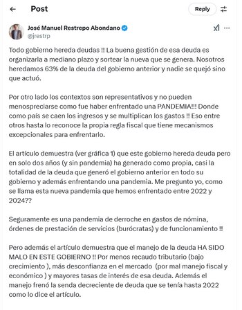 José Manuel Restrepo contesta a