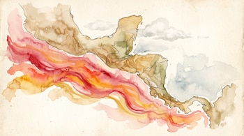 Ilustración en acuarela de un mapa de América Central con una ráfaga de tonos rojos y naranjas sobre el océano Pacífico.