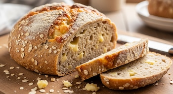 Un pan redondo de avena con queso, cortado en dos rebanadas, se asienta en una tabla de madera con granos de avena esparcidos. Un cuchillo está detrás.