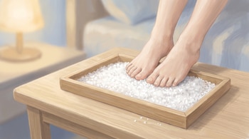 Dos pies descalzos sobre sal gruesa en una bandeja de madera rectangular, colocada en una mesa de madera. Fondo borroso con cama y lámpara de noche.