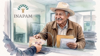 Ilustración en acuarela de un adulto mayor con sombrero frente a una ventanilla que recibe dinero en efectivo, junto al logotipo de INAPAM.