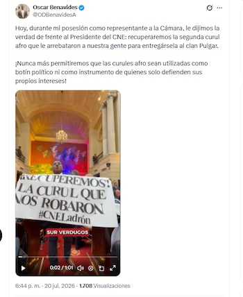 El representante electo Óscar Benavides protestó en la instalación del Congreso por pérdida de curul afro - crédito @ODBenavidesA/X