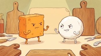 Ilustración de un bloque de queso amarillo y una bola de queso blanco frente a frente con puños en alto sobre un fondo de tablas de madera.