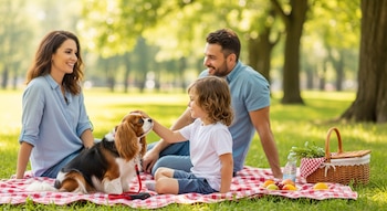 Una familia de tres, incluyendo un niño, y un perro Cavalier King Charles Spaniel sentados en una manta de pícnic roja y blanca en un parque soleado.