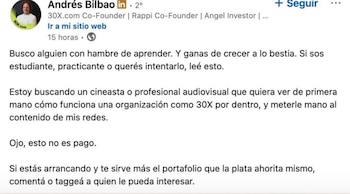 La publicación de Andrés Bilbao en LinkedIn desató una polémica en redes sociales por ofrecer una vacante de producción audiovisual sin remuneración - crédito Andrés Bilbao / LinkedIn