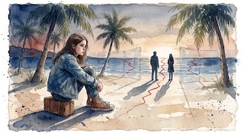 Ilustración en acuarela de una joven sentada sobre una maleta en la playa, frente a dos figuras adultas separadas por paneles transparentes.
