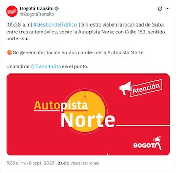 Un accidente múltiple afectó dos carriles de la Autopista Norte en Bogotá este martes 8 de septiembre - crédito @BogotaTransito/X