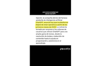 Publicación de TikTok que señala que ChatGPT cerrará en 2025. (TikTok: @ace07yt)