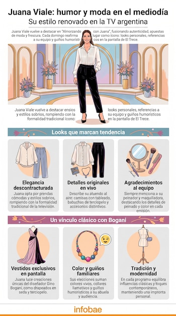 Infografía de Juana Viale, ilustraciones de vestimenta, vestidos, accesorios, maquillaje y peinado. Contiene textos sobre moda y estilismo.