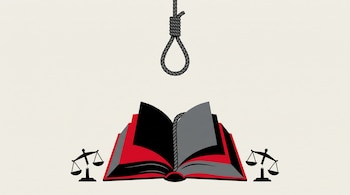 Un libro abierto en tonos rojo, negro y gris del cual sale una soga con nudo de horca, rodeado por dos balanzas rotas sobre fondo claro.