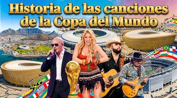 Shakira, Pitbull, Carin León y Santana rodean el trofeo de la Copa del Mundo, con los estadios de Maracaná, Lusail, Ciudad del Cabo y Metlife de fondo.