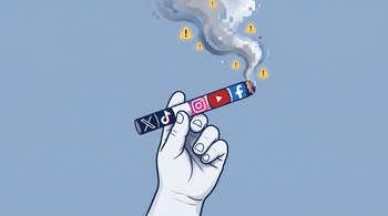 Ilustración de una mano infantil sosteniendo un cigarrillo con logos de redes sociales (X, TikTok, Instagram, YouTube, Facebook), del que sale humo digital con alertas.