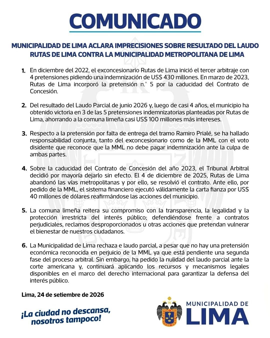 Un comunicado oficial de la Municipalidad de Lima aclara los puntos del laudo parcial en el proceso arbitral seguido contra la empresa Rutas de Lima.