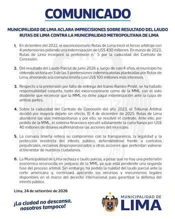 Un comunicado impreso con el título Comunicado, seis puntos de texto en español y el logotipo de la Municipalidad de Lima en la parte inferior