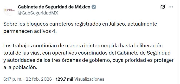 Cuatro bloqueos carreteros siguen activos en el estado de Jalisco, según informaron las autoridades involucradas en la gestión de la seguridad regional (captura de pantalla)