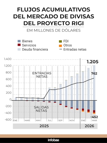 Gráfico de barras y línea mostrando flujos acumulativos de divisas del Proyecto RIGI en millones de Dólares para 2025 y 2026, detallando entradas y salidas netas por componentes