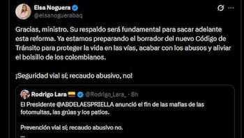 La ministra de Transporte, Elsa Noguera, confirmó la preparación de un borrador para reformar el Código Nacional de Tránsito por instrucción del presidente Abelardo De La Espriella - crédito @elsanoguerabaq / X