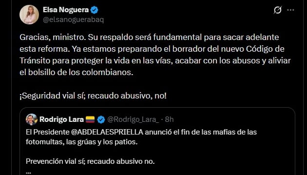 La ministra de Transporte, Elsa Noguera, confirmó la preparación de un borrador para reformar el Código Nacional de Tránsito por instrucción del presidente Abelardo De La Espriella - crédito @elsanoguerabaq / X