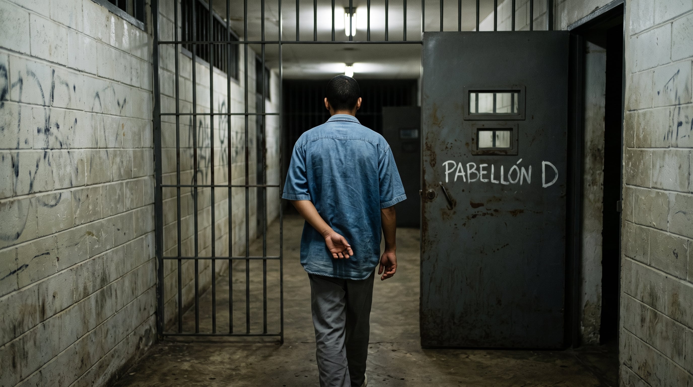 Un joven camina de espaldas por el pasillo de una cárcel en la ciudad de Panamá hacia una puerta con la inscripción Pabellón D. (Imagen Ilustrativa Infobae)