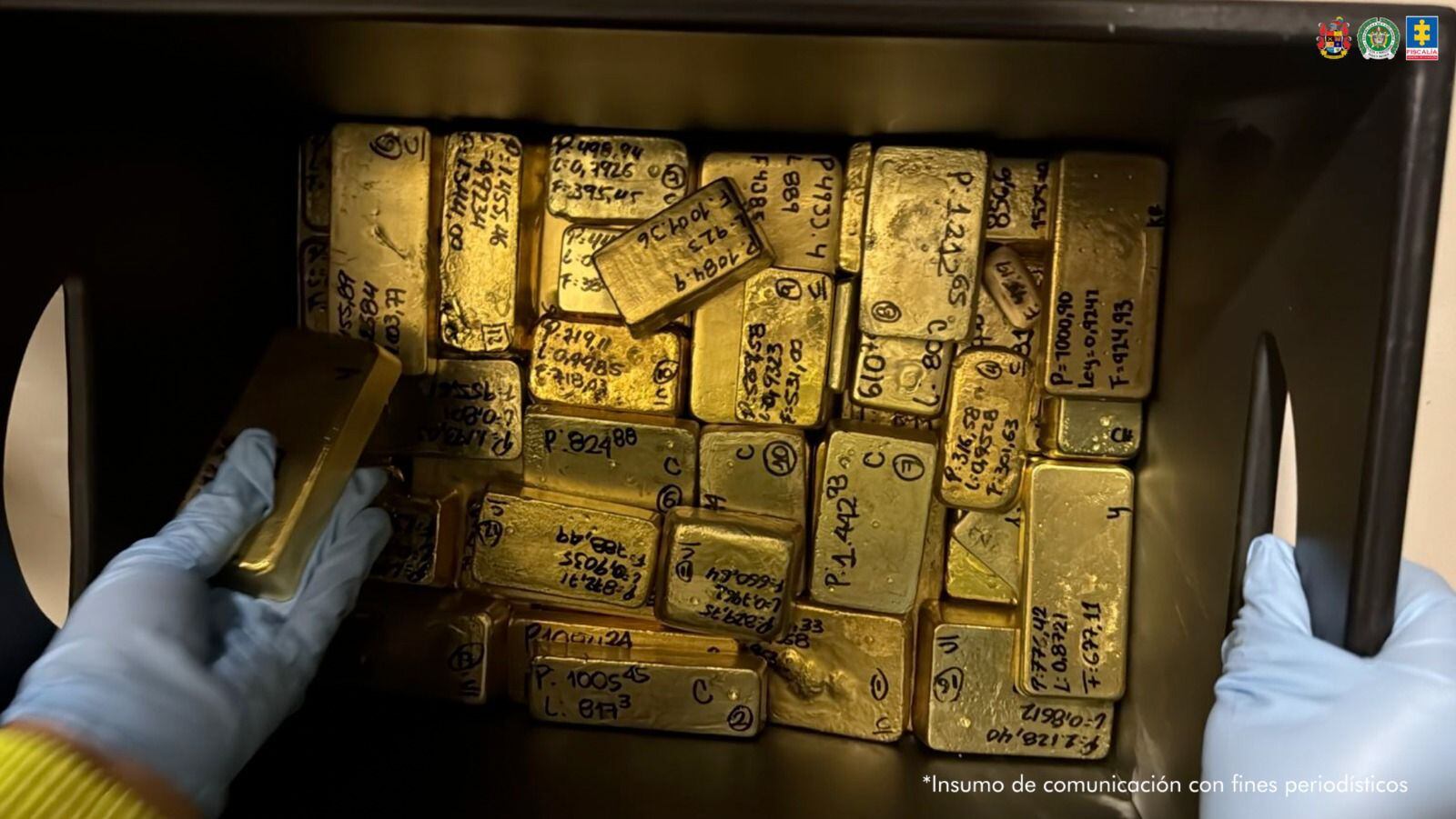Durante el operativo se incautaron 59 lingotes de oro, cuyo valor supera los 32.000 millones de pesos, como parte de las acciones contra la red de lavado. - crédito Fiscalía