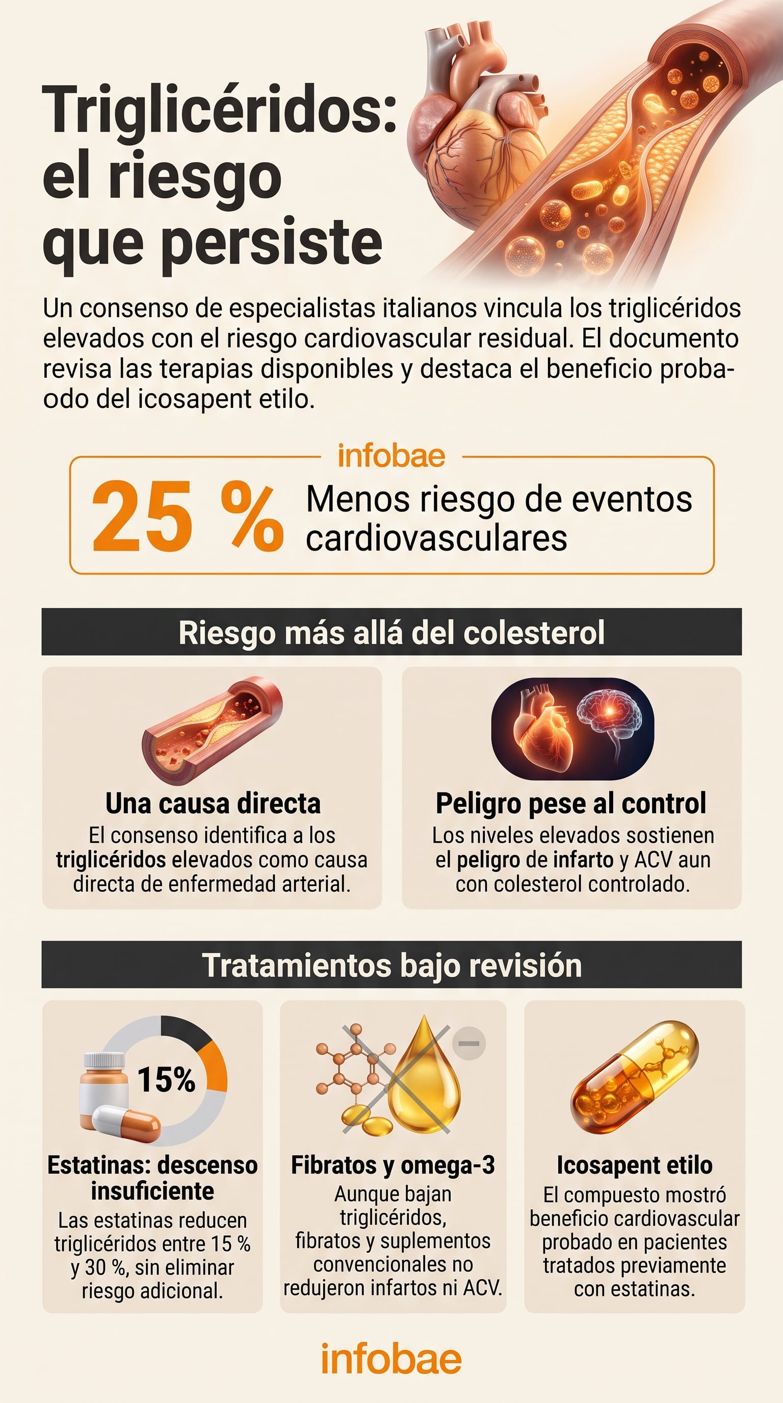 Una infografía de Infobae detalla las conclusiones de un consenso italiano sobre el impacto cardiovascular de los triglicéridos y la eficacia de diferentes tratamientos médicos (Imagen Ilustrativa Infobae)