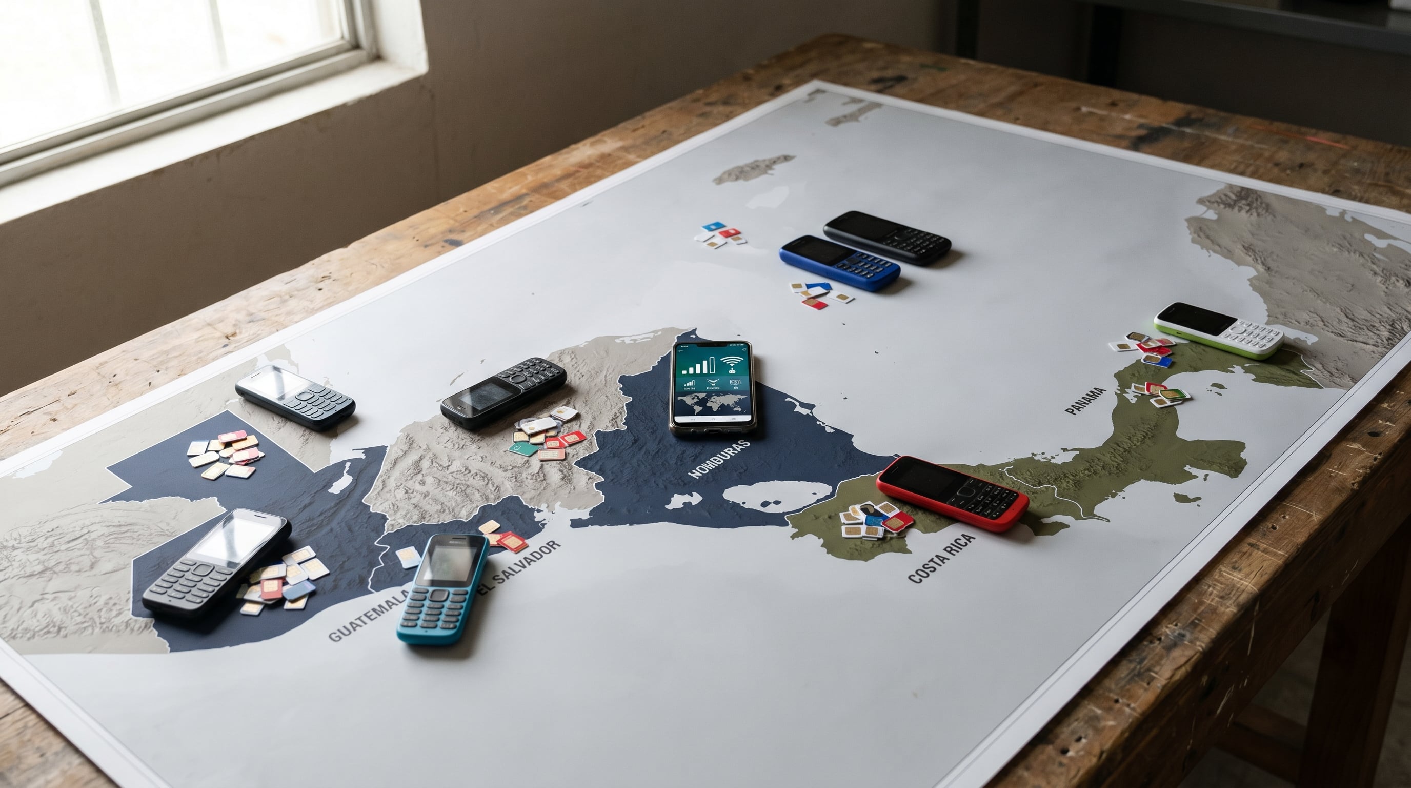 Un mapa físico de Centroamérica muestra la distribución de la conectividad móvil con chips SIM y teléfonos sobre países como Costa Rica, Panamá y Honduras, ilustrando la infraestructura de telecomunicaciones en la región. (Imagen Ilustrativa Infobae)