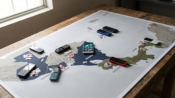 Mapa físico de Centroamérica sobre una mesa de madera con varios teléfonos móviles y pilas de chips SIM distribuidos sobre los países, iluminado por luz natural.