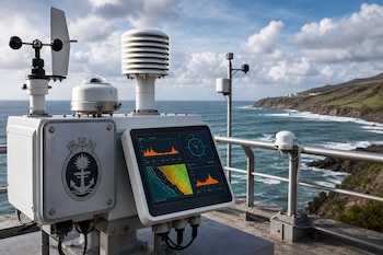 Estación meteorológica con pantalla digital, sensores y el escudo de la Marina de Guerra del Perú frente al mar y la costa.