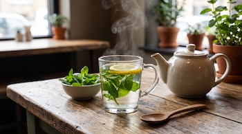 Una taza de vidrio con té humeante, hojas de menta y una rodaja de limón. Hay un cuenco con menta, una tetera, una cuchara de madera y una mesa de madera.
