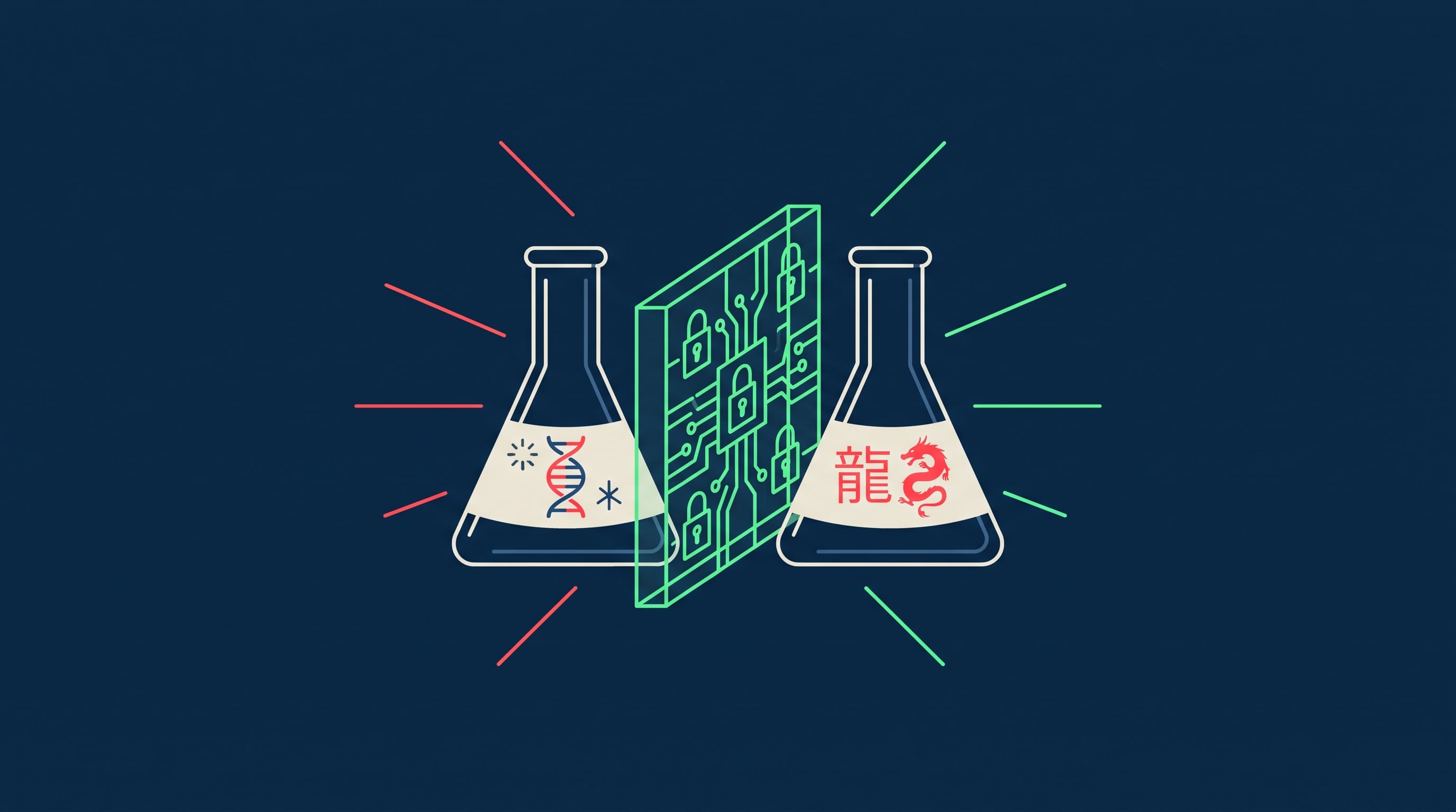 Dos frascos de laboratorio, uno representando a Estados Unidos y otro a China, se enfrentan simbolizando la competencia biotecnológica y el secretismo tecnológico. (Imagen Ilustrativa Infobae)