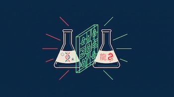 Dos frascos de laboratorio, uno con doble hélice de ADN y el otro con caracteres chinos y un dragón rojo, separados por una pared con circuitos y candados digitales.